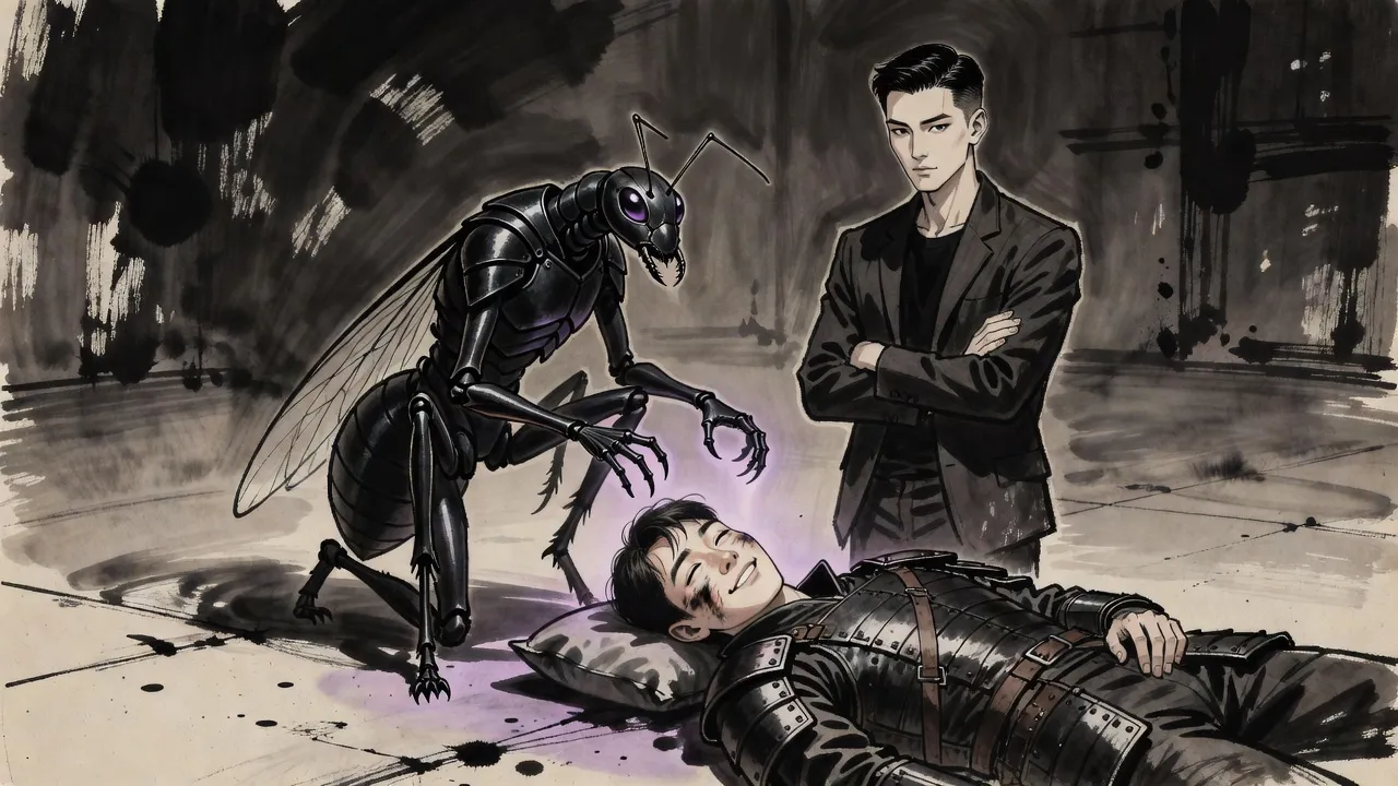 An upright black ant warrior kneels over a bruised young man lying on a dusty floor, violet light flowing from its clawed hands, while a man in a dark jacket stands watching.