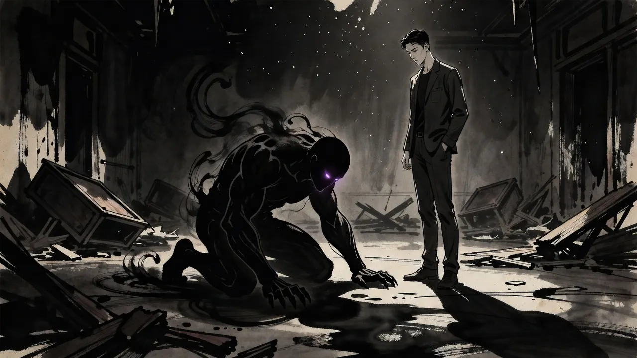 A hulking shadow made of black smoke kneels with its head bowed to the floor before a man in a dark jacket, who looks down at it coolly.