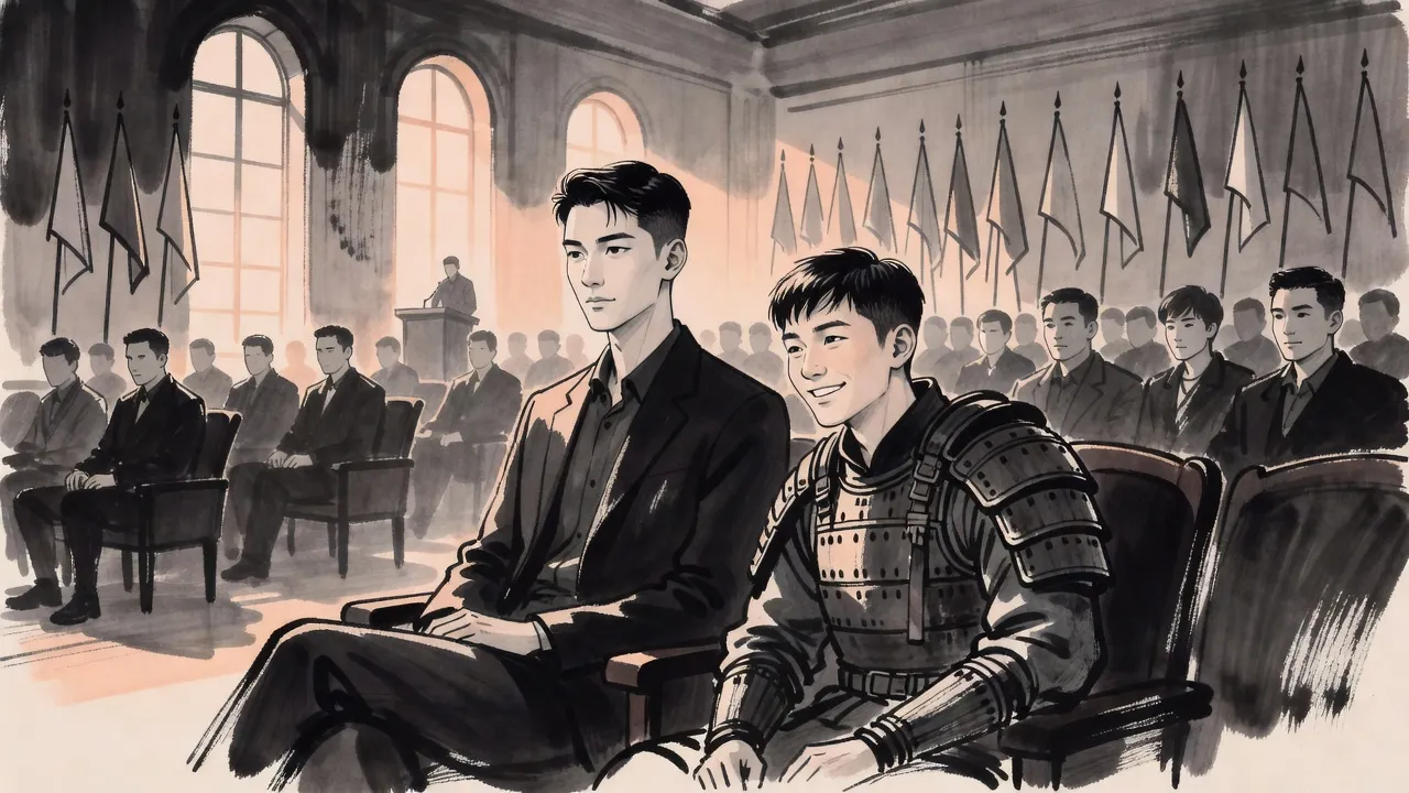 In a grand conference hall with tall windows and rows of plain-coloured flags, a still young man sits in his seat while the young man beside him leans in to whisper.