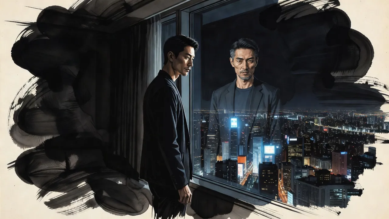 At night a man stands at a tall hotel window over a city’s lights, and in the dark glass beside his own reflection is the faint face of an older man with his features.
