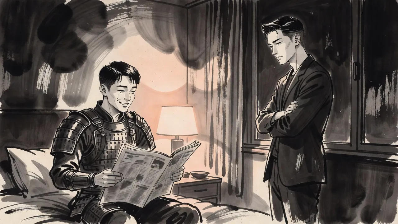 In a lamplit hotel room a young man sits on the edge of a bed holding a newspaper, eyes wet, while a taller man stands by the window with his arms folded, not quite looking at him.