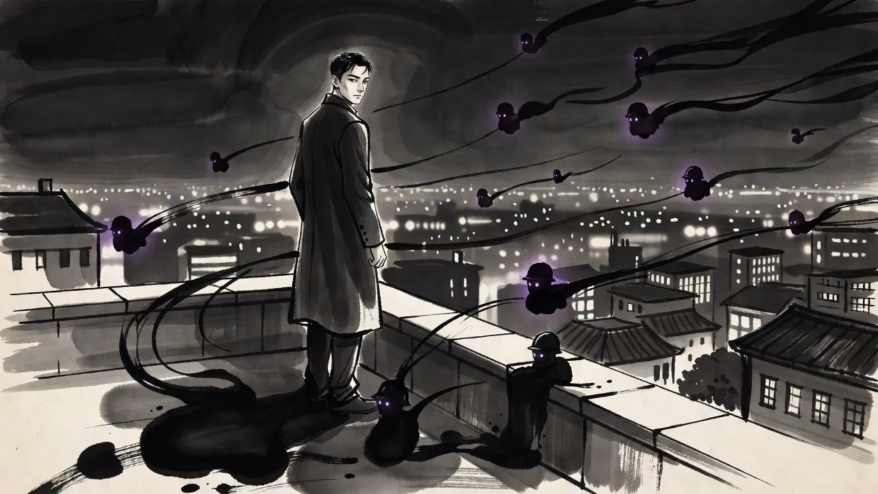 On a high terrace at night a man in a long dark coat watches as small shapes of black smoke with violet eyes slip away from his shadow across the rooftops toward distant lit windows.