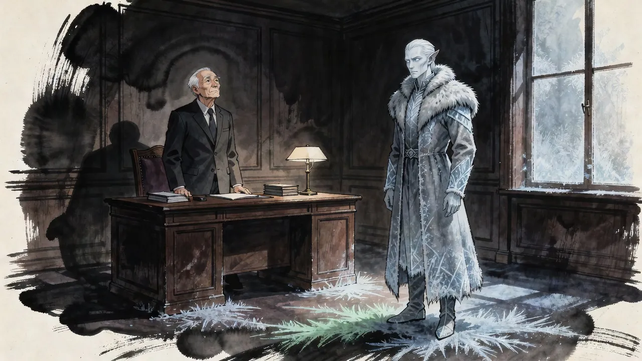 In a dark office lit by one desk lamp, an upright white-haired old man looks up at a gaunt, pale, white-haired figure in grey furs by a frosted window, frost creeping across the floor between them.