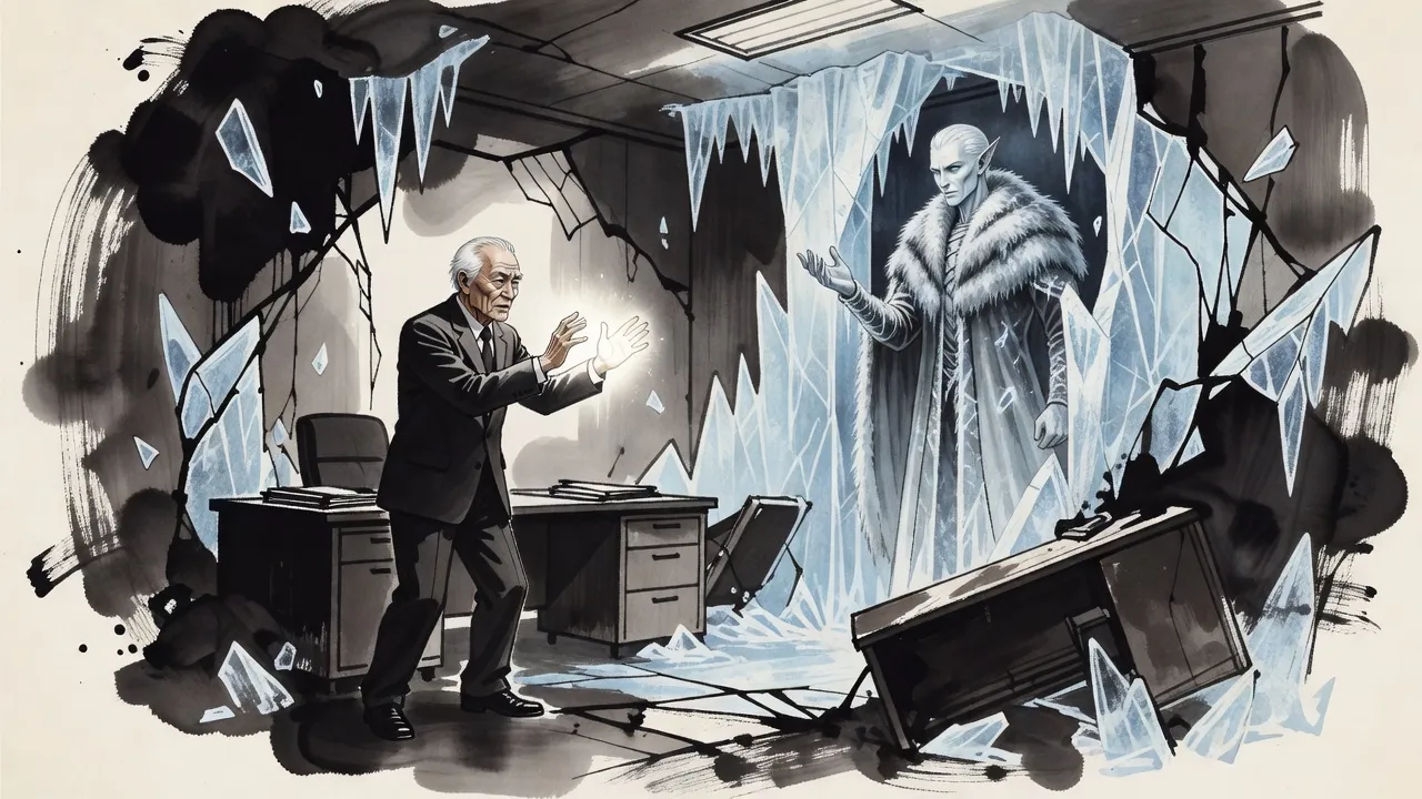 In a wrecked office split by jagged walls of ice, an old man in a dark suit braces with pale golden light blazing from his raised hands against a pale figure in grey furs.