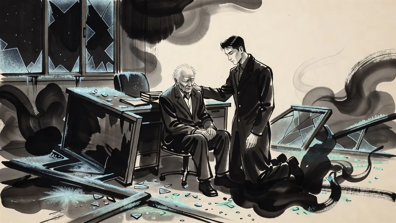 In a wrecked, frost-covered office at night, an old man sits slumped against an overturned desk with his eyes half closed while a man in a long dark coat kneels beside him, a hand on his shoulder.