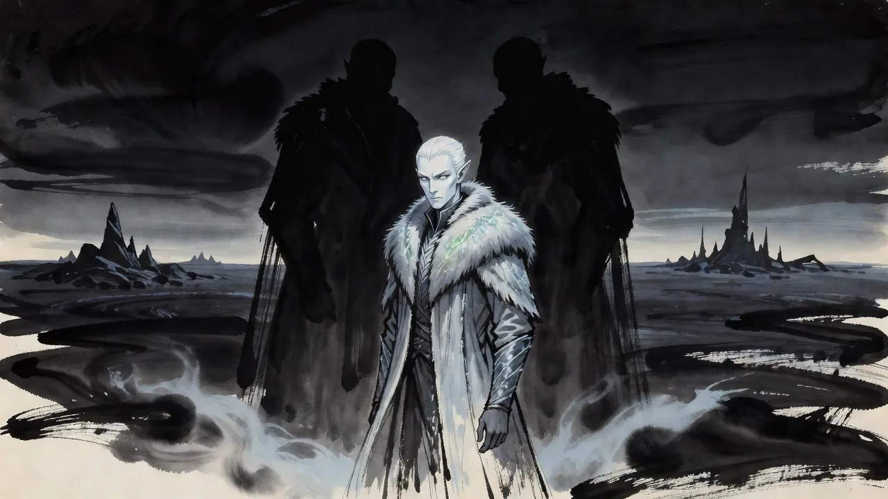 On a dark plain under an ink-black sky, three towering figures stand together in council, the nearest pale and rimed with frost, the other two immense dark silhouettes.