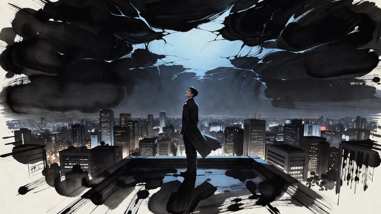 A tall young man in a long dark coat stands at the edge of a rooftop at night, seen from behind, looking up at a colossal rift of blue light that fills the sky above the city’s towers.