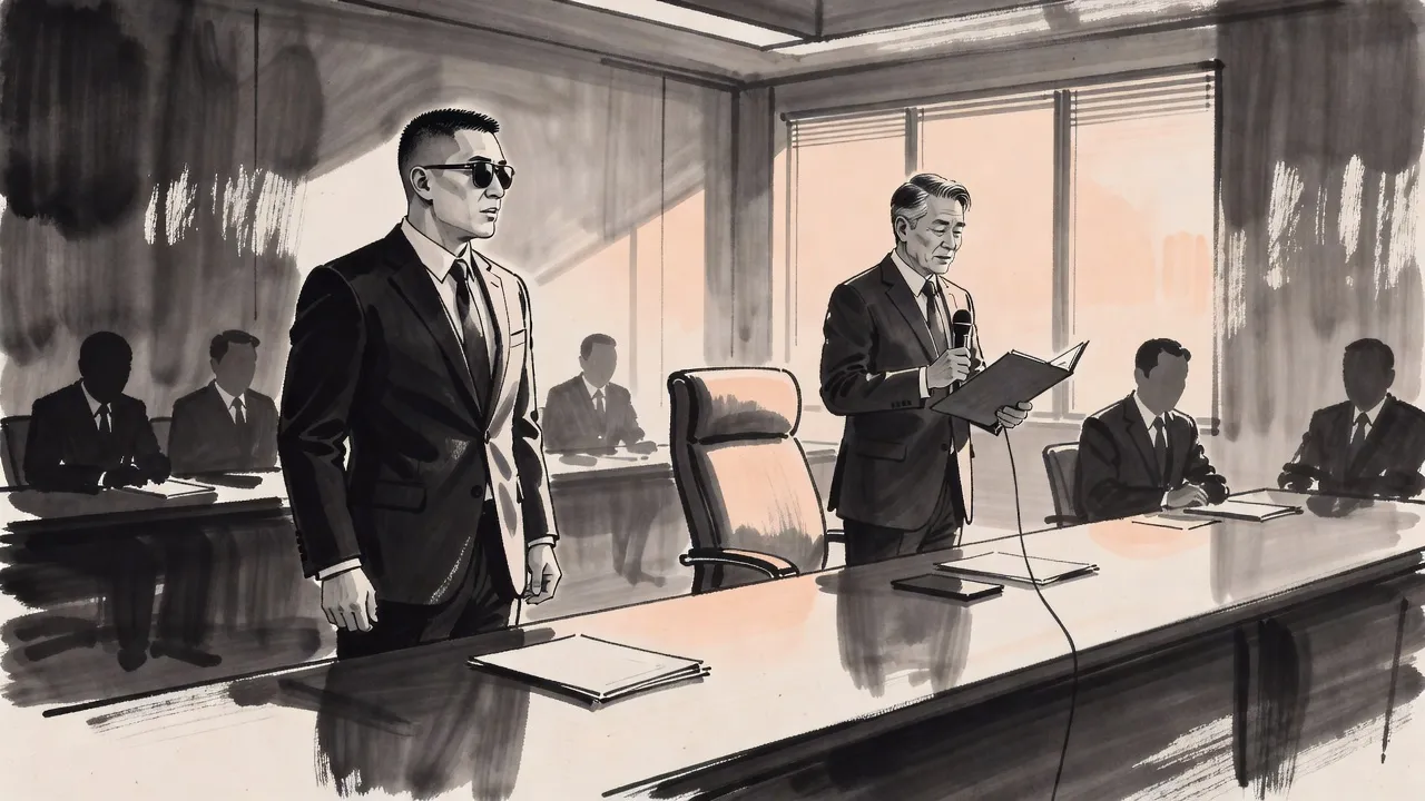 In a plain boardroom, a broad man in a black suit and sunglasses turns sharply in his chair toward a grey-haired official standing at the head of a long table beside an empty high-backed chair.