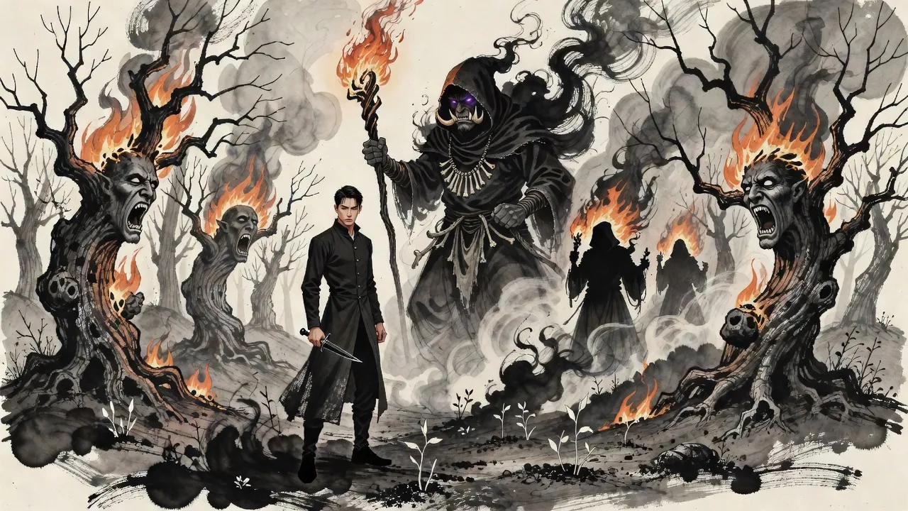 In a smoking forest a giant hooded orc shaman made of black smoke pours fire from his staff onto screaming trees with faces in their bark, while a man in a long dark coat watches with a dagger in his hand.