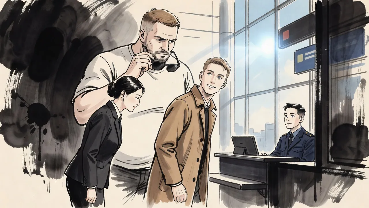 In a bright airport hall a slim, friendly man at a customs booth freezes as an enormous bearded man a head taller, sunglasses in hand, stares down at him, while a woman in a grey suit bows an apology.
