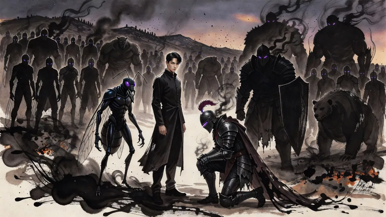On a burned hillside at dusk a knight of smoking dark iron kneels before a man in a long dark coat, an upright ant warrior beside him and ranks of shadowy soldiers with violet eyes stretching away behind.