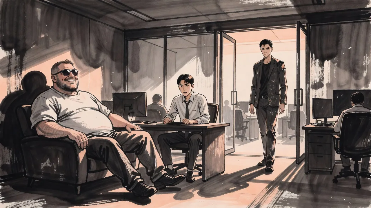 In a modern office an enormous man in sunglasses grins from a corner armchair while a young man sits stiffly at a desk, and at the far end glass doors slide open on a tall man in a dusty jacket.