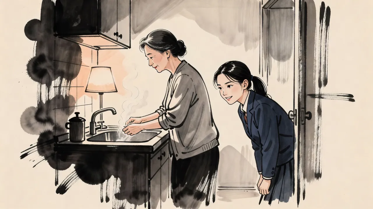 In a small lamplit kitchen a grey-streaked woman washes dishes at the sink while a schoolgirl with a ponytail creeps toward her from the doorway with a hopeful look.