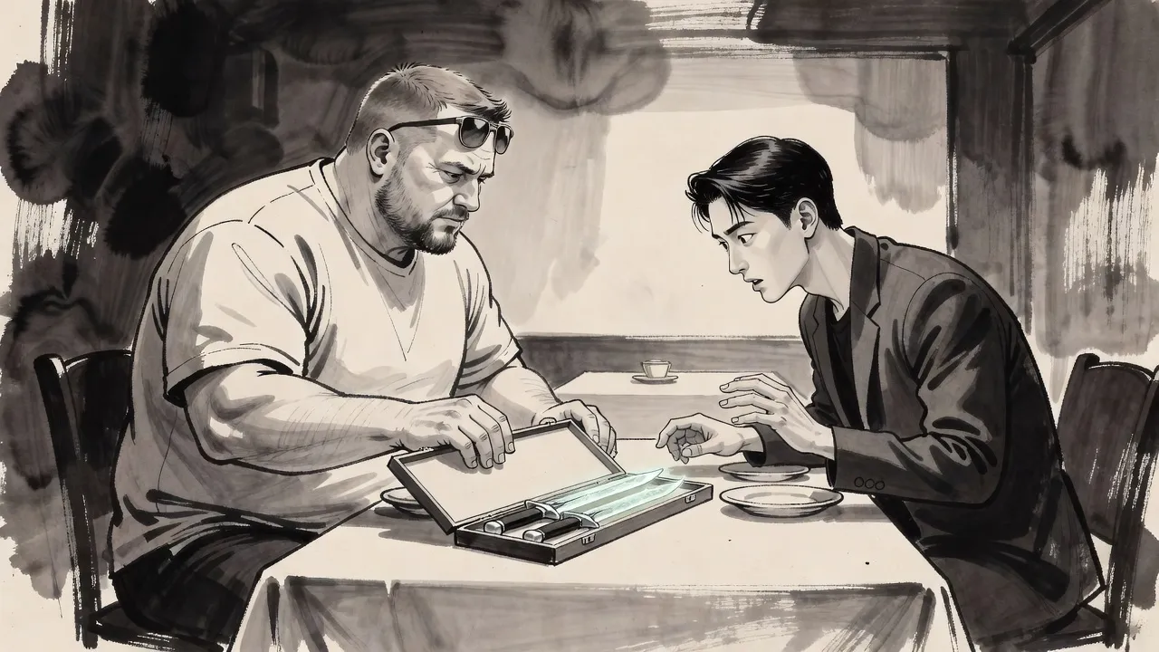 Across a restaurant table an enormous bearded man slides an open case holding two long ice-white daggers toward a startled young man in a dark jacket.