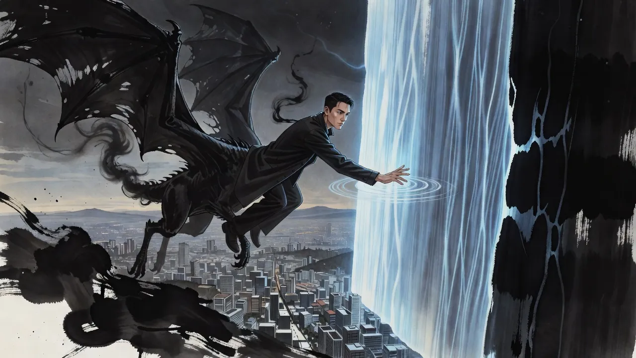 High above a city at dusk a man on the back of a dark smoky wyvern presses his hand against the shimmering face of an enormous rift of blue light that fills the sky.