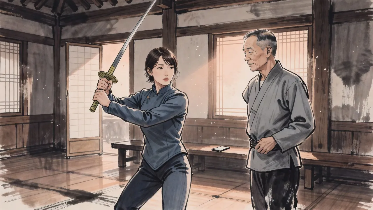 In a sunlit wooden sword hall a dark-haired woman holds a practice sword in a poised stance while an older man with an empty, pinned left sleeve watches from the side.