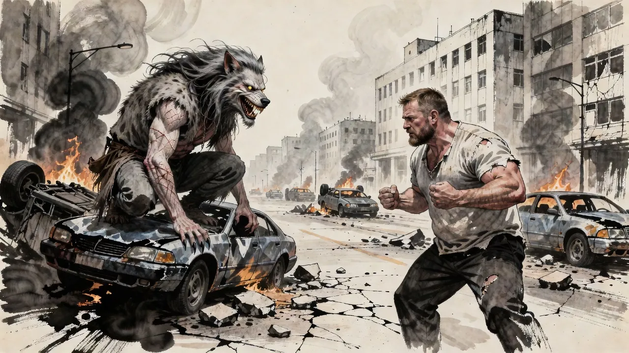 On a ruined avenue of burning cars a grey-maned, wolfish man crouches on a crushed car roof with his claws spread, facing an enormous bearded man with his fists raised.