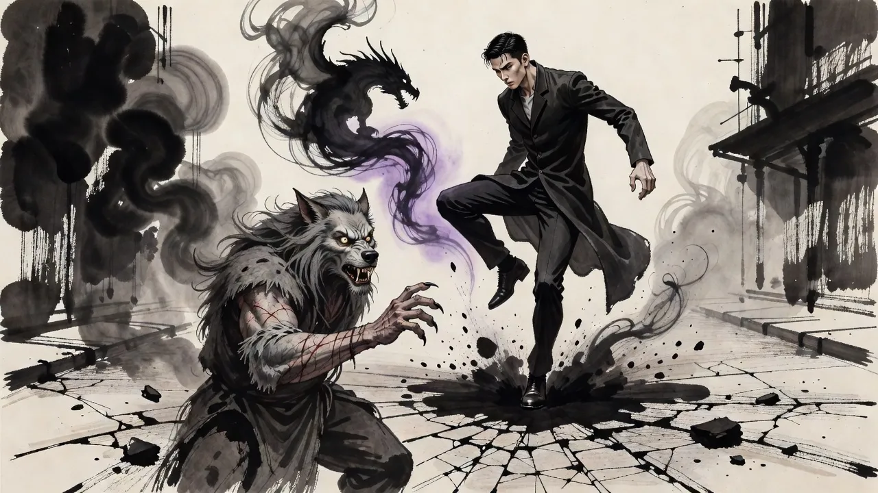 A man in a long dark coat drops out of a dissolving swirl of smoke, heel raised for a kick, above a startled grey-maned man on a cracked city street.