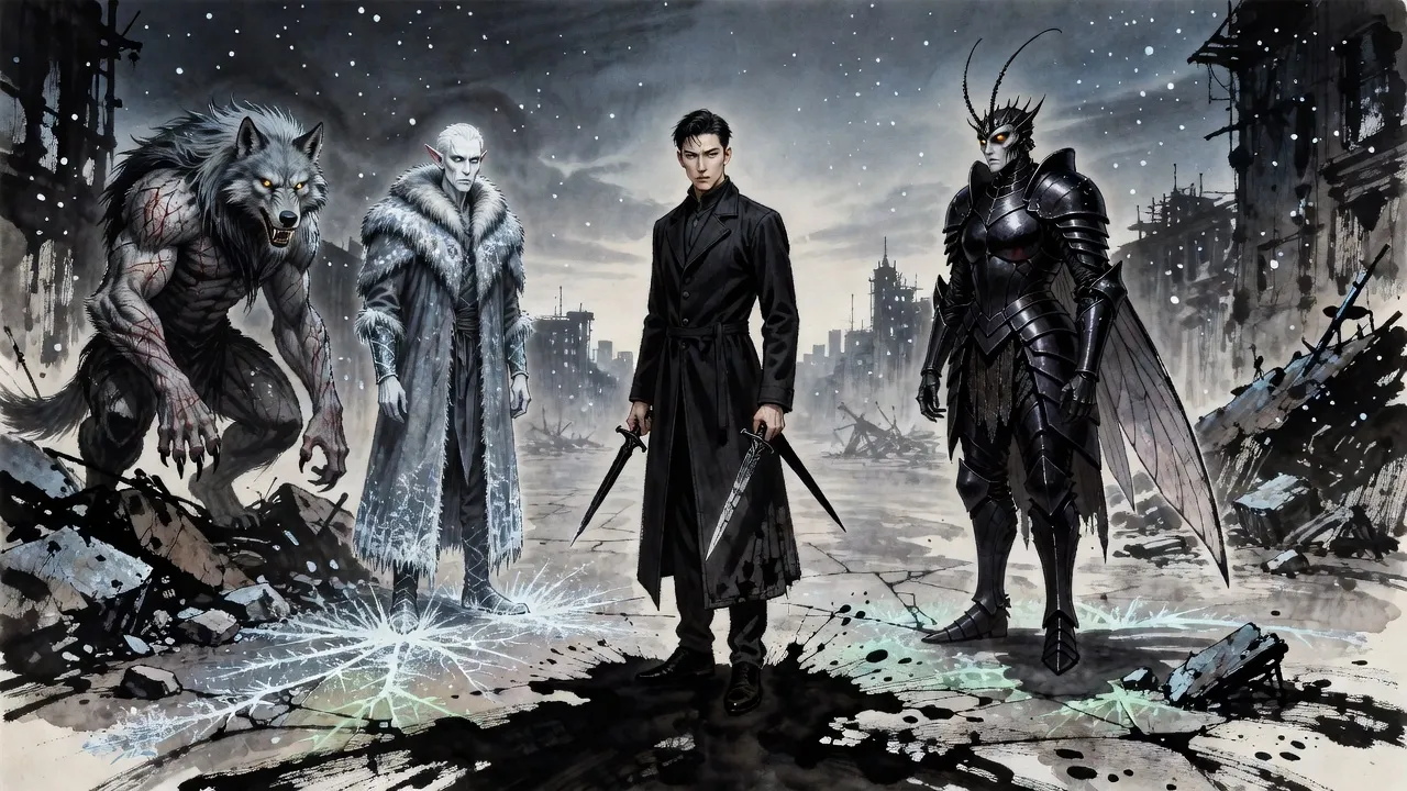 On a ruined avenue in falling snow a man with two dark daggers stands ringed by three inhuman figures: an icy elf-like elder, an armoured insect queen and a crouching wolfish man.