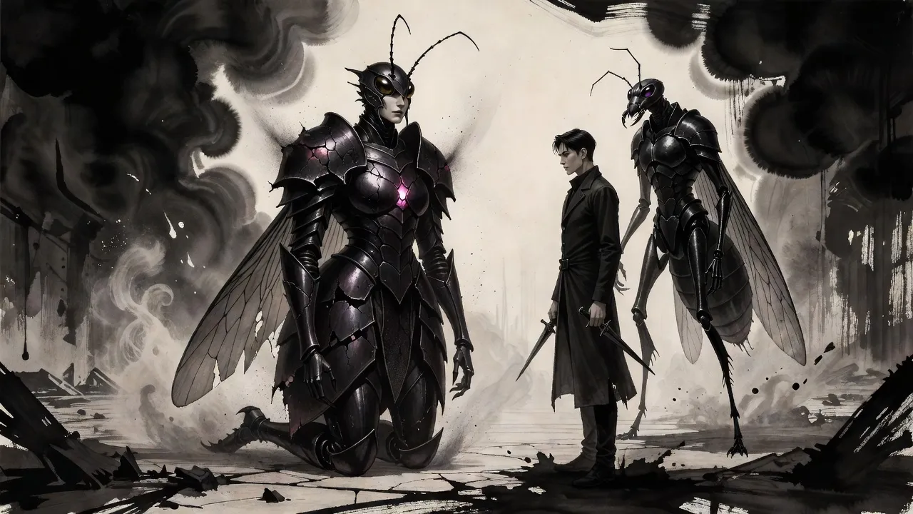 An armoured insect queen kneels on a ruined street as her body crumbles into dust, while a man in a dark coat turns away and an upright ant warrior stands behind him.
