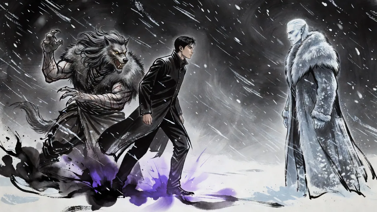 In a howling blizzard a man in a dark coat braces against an icy figure ahead of him, while behind him a grey-maned, wolfish man rises out of the snow with his claws drawn back.