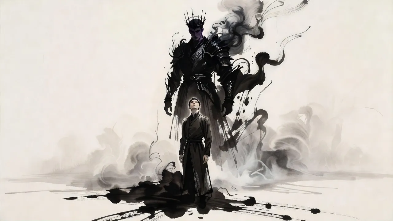 In a vast, pale, empty mist a man in a long dark coat looks up at a towering armoured king made of night and smoke, his shadowed face glowing faintly violet.