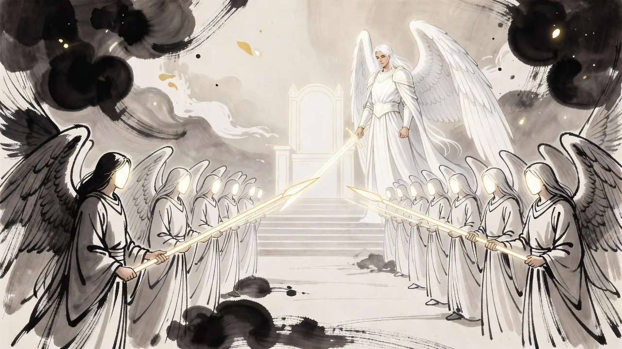 In a hall of blinding white light a lone winged knight of light stands before a veiled throne, facing a line of faceless winged figures who advance with levelled spears.