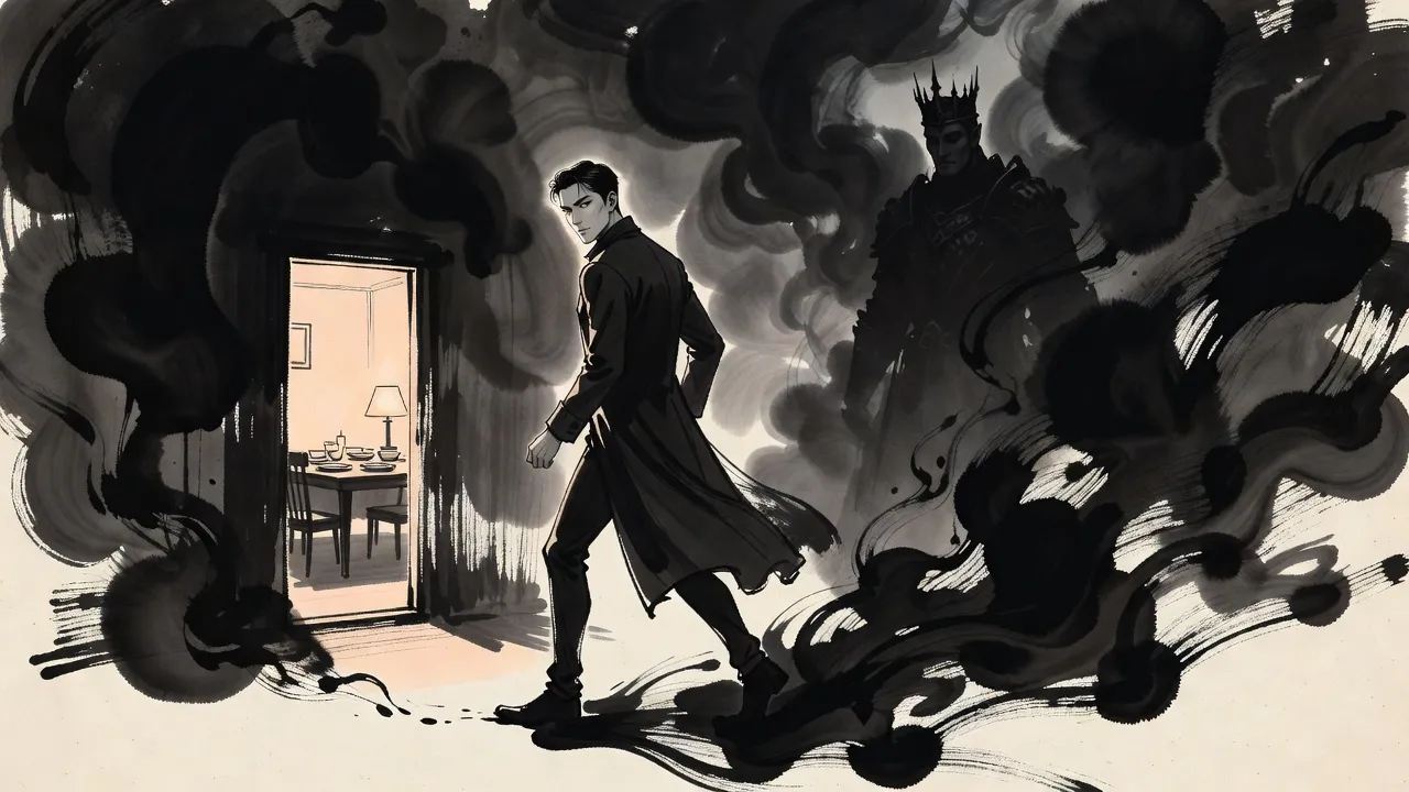 Between a warm lit doorway of a quiet home and a dark storm of ink, a man in a long dark coat turns from the light and steps toward the dark, a vast shadowy king watching behind him.