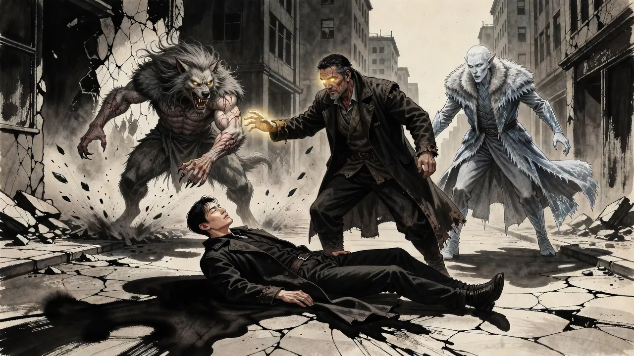 On a shattered street a weathered man in a long dark coat stands over a young man lying still, one arm thrust out, light blazing from his hand as two inhuman figures are hurled back into a building.