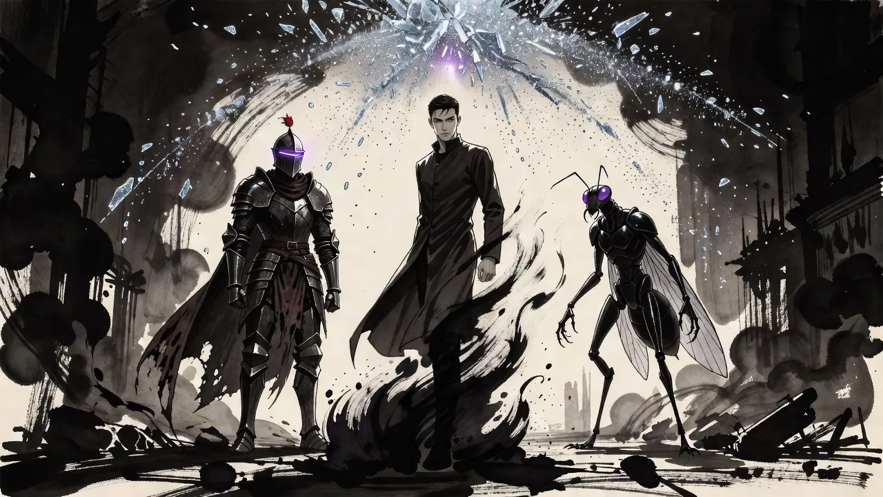 A man in a long dark coat rises on a ruined street with black shadow pouring off him like smoke, a dark iron knight and an upright ant warrior at either side, as a vast ball of ice bursts apart overhead.