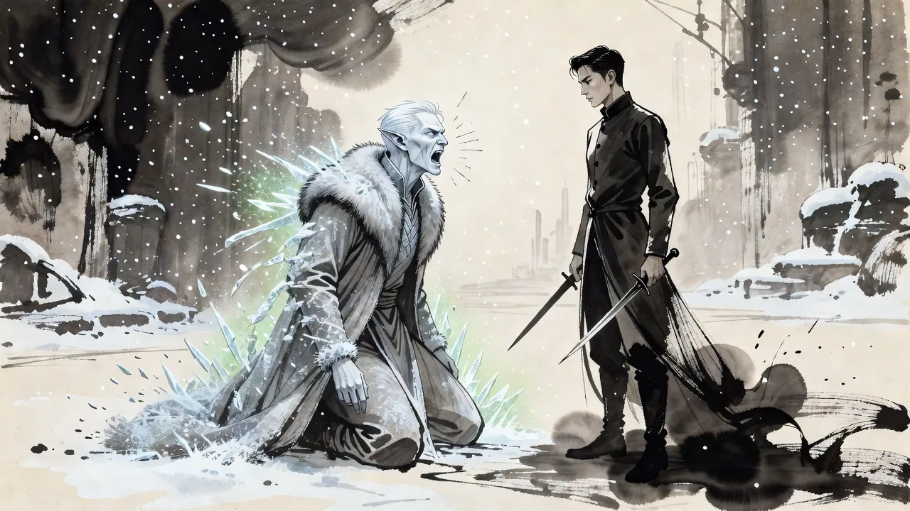 In a ruined plaza under falling snow an icy elf-like elder kneels screaming as his body breaks apart into glittering shards, while a man in a dark coat stands still before him, two dark daggers lowered.