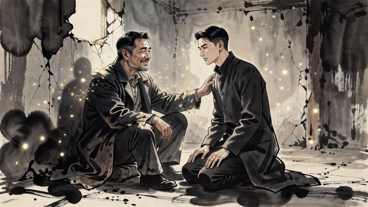 In a sheltered corner of a ruined building a weathered man sitting against the wall rests a hand on the shoulder of a kneeling young man, his body crumbling into drifting motes of golden light.