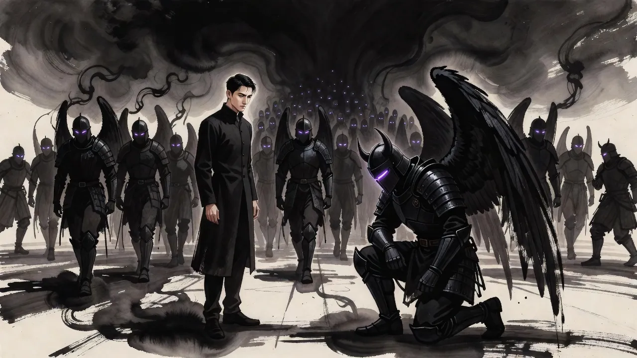 Out of a vast dark rift in the sky over a city, a river of smoky shadow soldiers descends, and at their head a towering four-winged armoured general kneels before a man in a long dark coat.