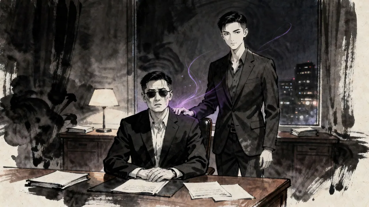 In a dim office at night a broad man in a black suit and sunglasses sits rigid and shaken at a desk while a tall young man rests a hand on his shoulder, faint violet wisps drifting from it.