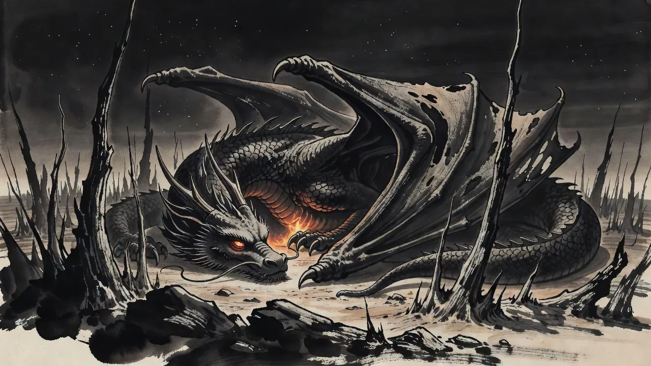 Among thin twisted rock spires under a bruised sky, a colossal dragon lies coiled and still under a skin of dust, an ember glow kindling in its chest as one enormous eye opens.