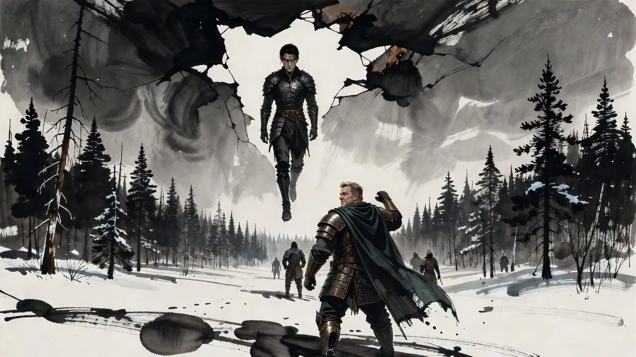 Over a snowy plain at the edge of a pine forest a dark-haired man in scaled armour steps down through the air out of a smoking rift, while a big armoured man stands forward of a line of hunters with one arm raised in challenge.