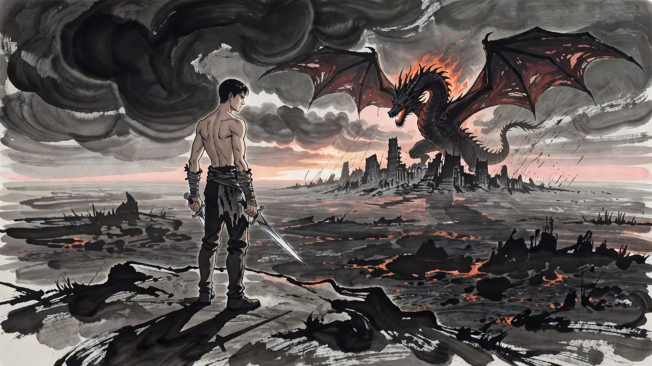 A lone bare-chested man with daggers bound to his hands stands on a ridge of ash, his shadow spreading behind him like ink, facing a colossal dragon that fills the sky over a ruined city as dawn breaks along the horizon.