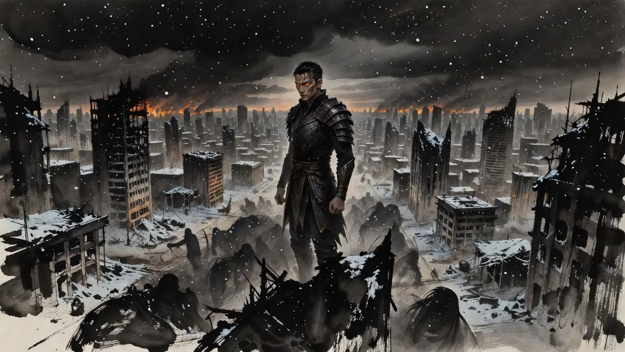 A tall man in dark scaled armour stands on top of a broken tower above a burned city under black clouds, ash falling, a dark tide of monsters moving through the streets below.