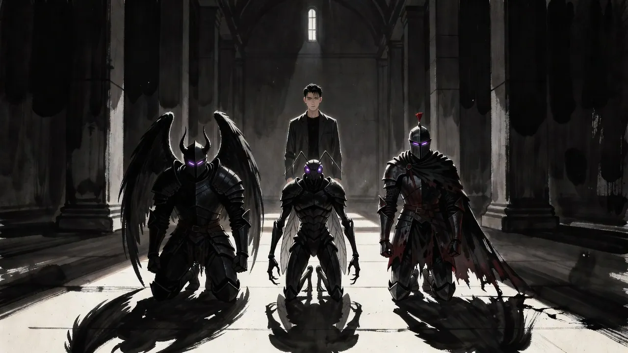In a vast, dark white-stone hall a young man stands at the far end while three armoured shadow figures kneel before him in a row.