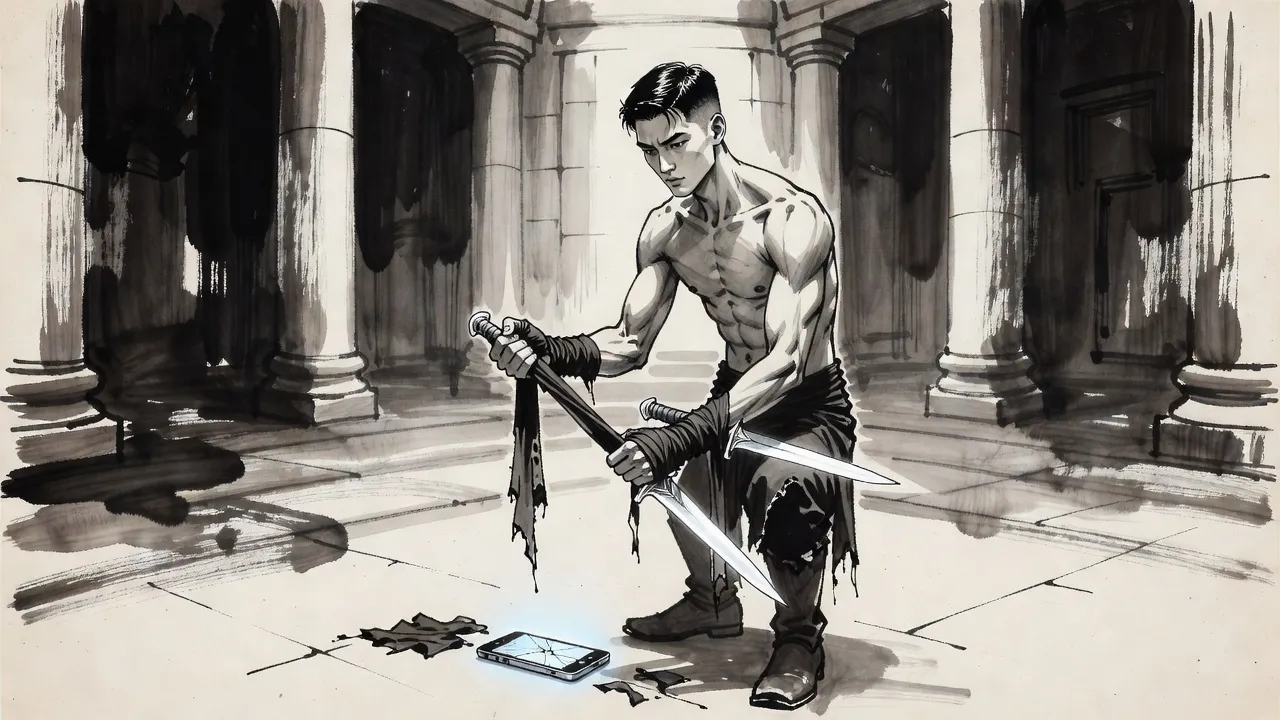 A bare-chested man in a pale stone hall binds a long pale dagger to his hand with strips of torn cloth, the crushed pieces of a phone at his feet.