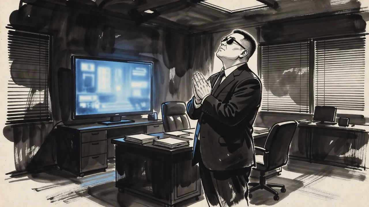 A broad man in a black suit and sunglasses stands behind a desk in a dim office, head tipped back toward the ceiling, lit by the glow of a television.