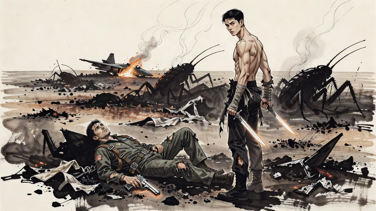A downed pilot in a torn flight suit sits in the ash staring up at a bare-chested man with two daggers who stands with his back to him, glancing over his shoulder, a wrecked jet burning far behind.