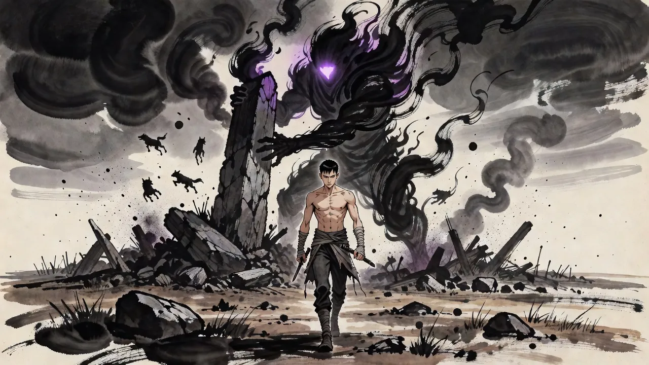 A colossal faceless giant made of black smoke wrenches a stone pillar from a fallen mound and swings it at smaller beasts, while a bare-chested man walks on at its feet.
