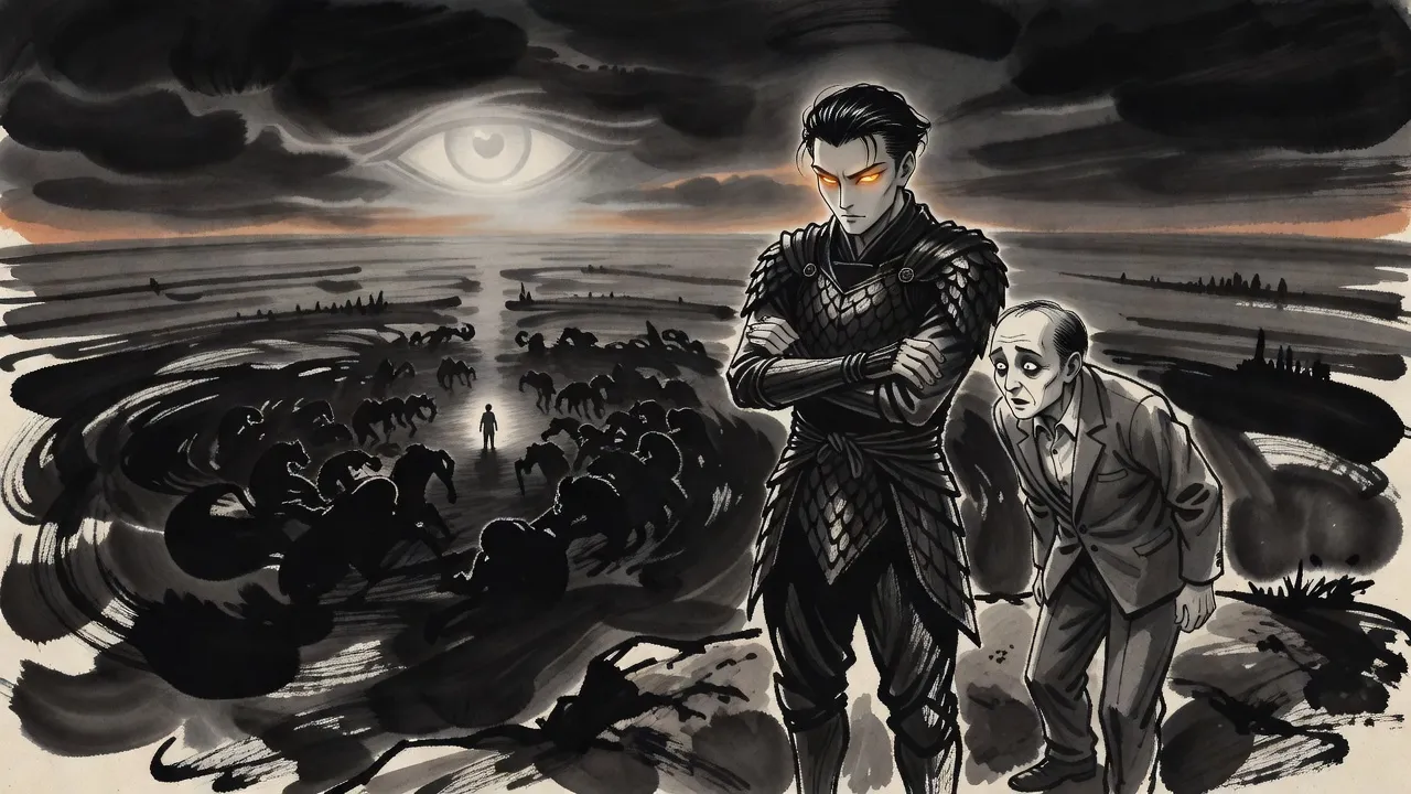 On a high ridge a tall armoured man with ember eyes watches a sea of black shadow spread across a distant plain, a short man in a rumpled suit leaning toward him and a great eye of light hanging in the sky.