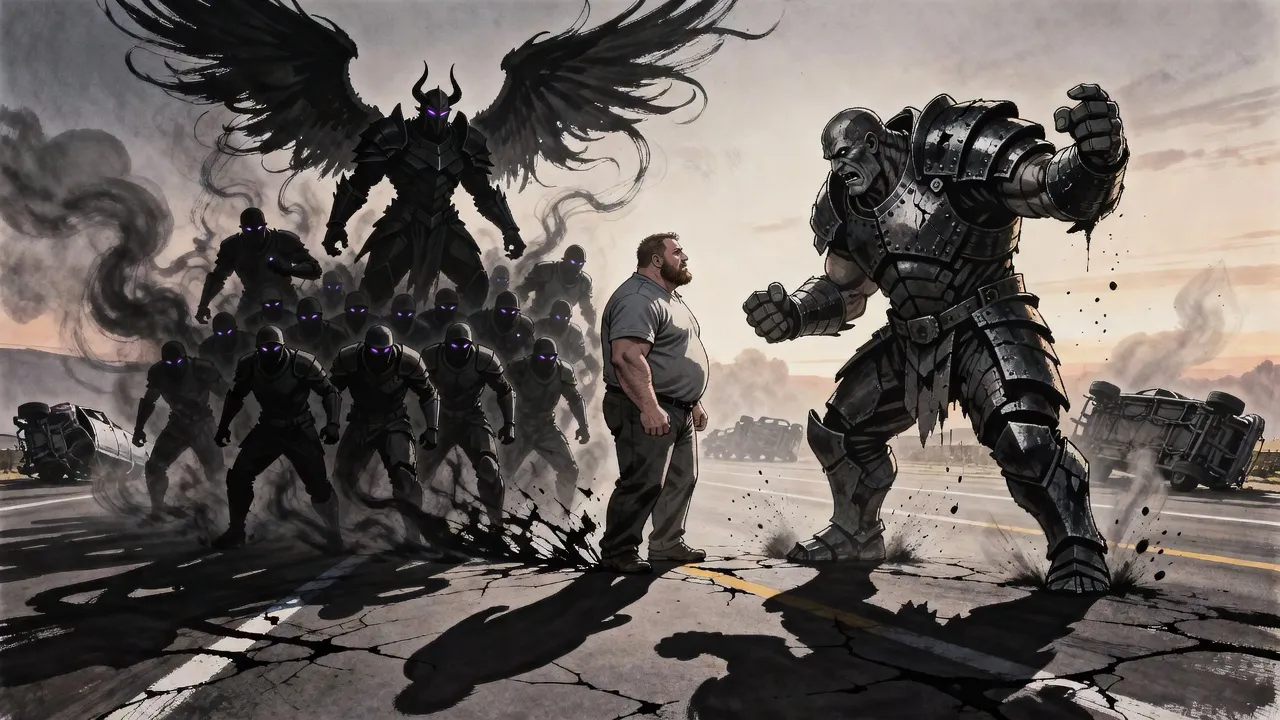 On a ruined highway a huge bearded man stands braced before an iron-skinned giant while a flood of smoky black soldiers, led by a winged general, pours out of the shadow behind his back.