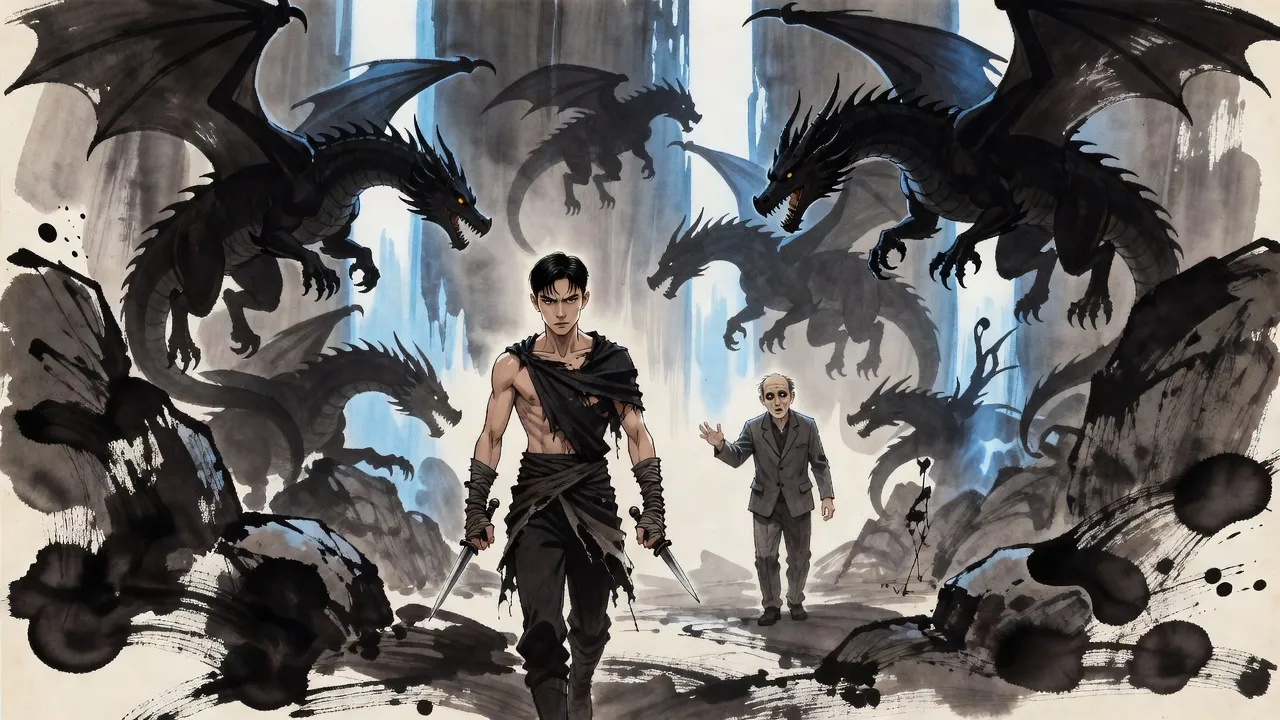 In a rocky valley a host of dragons and wyverns stands frozen mid-motion before glowing blue rifts, a short man in a suit rigid among them, while a bare-chested man walks calmly through.