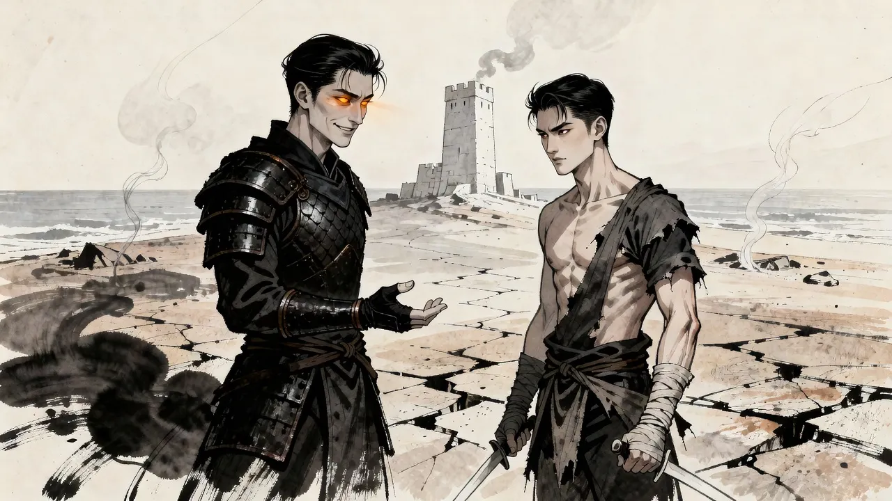 On torn-up ground before a white fortress by a grey sea, a tall man in dark scaled armour holds out an open hand while a bare-chested man with daggers bound to his hands studies his face.