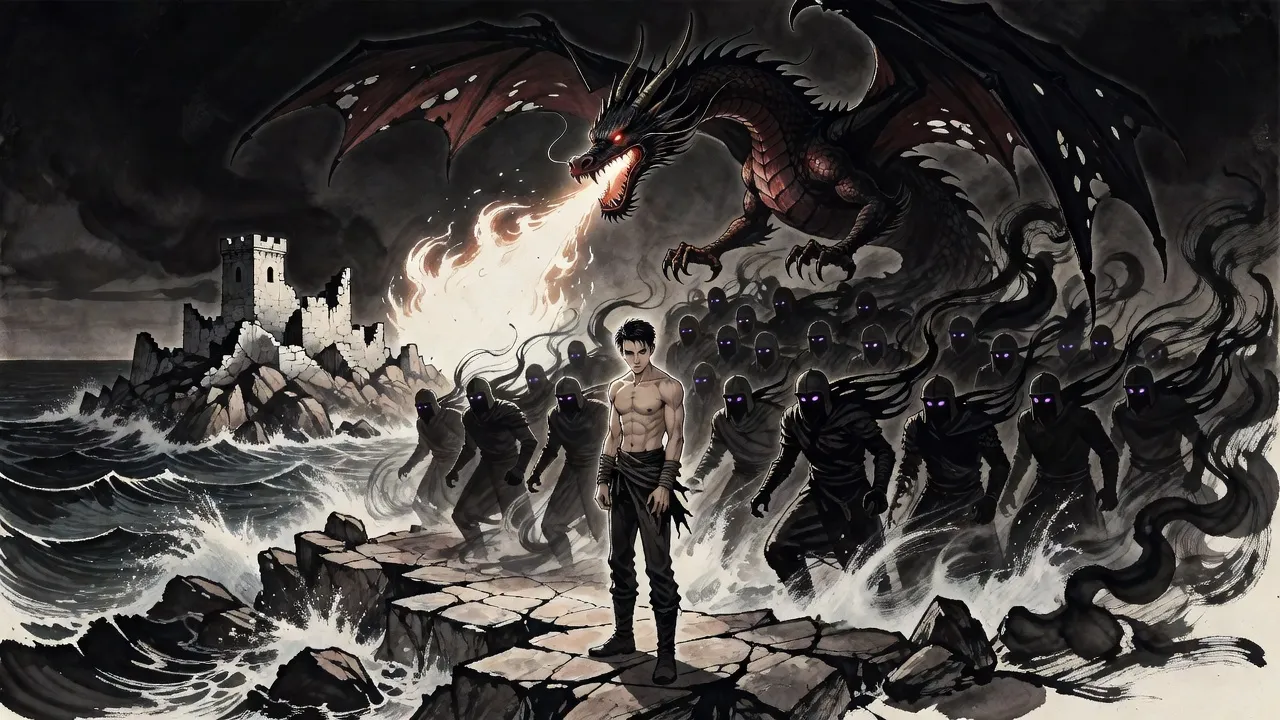 A colossal dragon rears over a broken island at night, breathing a blinding column of light, while a small bare-chested man stands on the rocks with a great wave of smoky black soldiers rising behind him.