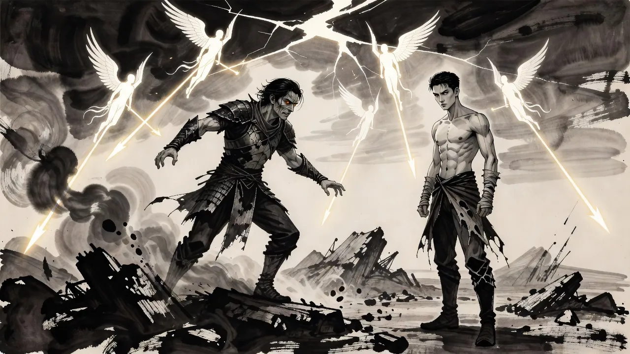 A jagged crack of white light splits the clouds above a ruined island and winged figures of light dive with spears toward an armoured man lunging at a bare-chested fighter.
