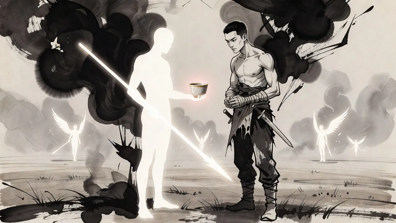 On a field of ash a tall winged figure of white light holds out a small glowing stone cup to a weary bare-chested man, other winged figures standing far behind.